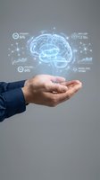 Businessman hand presenting holographic brain with AI data analytics interface showing efficiency metrics and neural network connections.