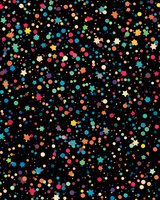 Colorful dots and stars scattered on black background create festive confetti pattern. Seamless repeat design for fabric, wallpaper and celebration themes.