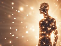 Glowing human silhouette with connected dots forming neural network pattern against warm background with light rays and bokeh effects. Digital transformation concept.
