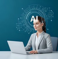 Professional businesswoman working with laptop surrounded by futuristic AI technology interface and digital network connections on blue background.
