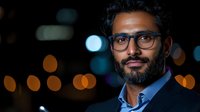 Middle Eastern businessman wearing glasses and beard against dark background with bokeh lights, professional corporate headshot style portrait in evening atmosphere.