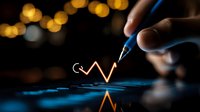 Glowing financial chart line drawn with pen on dark background with bokeh lights, showing market analysis and trading concept for business presentation.