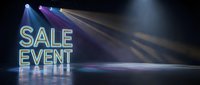 Neon sale event sign glowing on dark stage with dramatic spotlights and reflective floor for retail marketing and promotional campaigns.