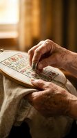 Elderly hands working on detailed cross-stitch embroidery project with colorful floral pattern in warm sunlit room showcasing traditional needlework craftsmanship.