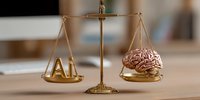 Golden balance scale comparing AI text on one side with human brain on other, symbolizing ethical considerations in artificial intelligence development.