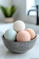 Colorful bath bombs in pastel pink, mint green and white arranged in speckled ceramic bowl against minimal bathroom setting with soft natural lighting.