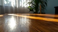 Dramatic close-up of wooden table surface with natural sunlight creating golden reflections and texture patterns, indoor setting with blurred houseplant background.