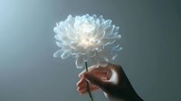 Hand holding glowing white chrysanthemum flower with magical light effect against soft gradient background for wellness and spiritual concepts.