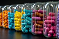 Colorful pharmaceutical capsules and pills in transparent plastic containers arranged in row, showing variety of medication in orange, yellow, blue, and pink.