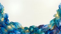 Watercolor ink wash border with blue, teal, and gold fluid art on white background, suitable for invitations and design templates.