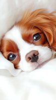 Close-up portrait of Cavalier King Charles Spaniel puppy with soulful brown eyes and distinctive white and red coat, resting on white bedding.