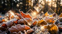 Frosted autumn leaves covered in morning frost with warm sunlight creating magical bokeh effect through transparent geometric shapes in natural outdoor setting.