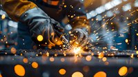 Industrial worker grinding metal with bright orange sparks flying, dramatic close-up shot perfect for manufacturing, industrial safety, and metalworking concepts in advertising and design projects.