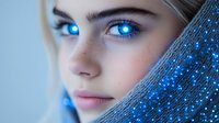 Close up portrait of young woman with bright blue eyes and freckles against glowing blue sparkle background, ethereal lighting creates magical atmosphere.