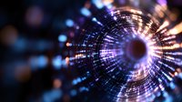 Abstract digital tunnel with glowing particles and light streaks in blue and purple colors creating futuristic cyber space effect against dark background.