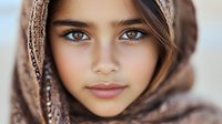 Young woman with striking blue eyes wearing traditional hijab headscarf, close up portrait showing natural beauty and cultural fashion elements against soft background.