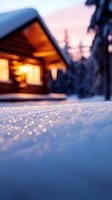 Sparkling snow crystals glowing in evening light with cozy wooden cabin and illuminated windows in background, pine trees silhouettes creating winter wonderland atmosphere.