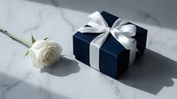 Elegant navy blue gift box with white satin ribbon bow and fresh white rose on marble surface for special occasions and celebrations.