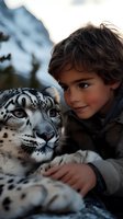 Young boy with curly brown hair embracing snow leopard in mountain wilderness during golden hour light creating intimate wildlife conservation moment.