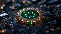 Futuristic circular microchip with glowing green light and gear-shaped design on circuit board, macro photography with bokeh effect and metallic details.