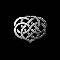 Celtic heart knot in metallic silver finish on black background, featuring intricate interwoven pattern symbolizing eternal love and connection. Isolated design for decorative use.
