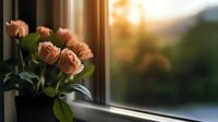 Peach roses in glass vase by window at sunset, soft focus with bokeh effect creates romantic atmosphere. Natural light illuminates delicate petals and green leaves.
