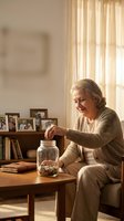 Senior Caucasian woman saving coins in glass jar at home with family photos, retirement planning and financial security concept for elderly lifestyle.