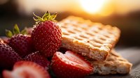 Fresh ripe strawberries with crispy golden waffle cookies in warm sunset lighting, macro food photography highlighting texture and natural sweetness.