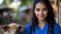Young Asian female medical professional in blue scrubs and stethoscope smiling warmly while holding adorable brown Chihuahua puppy at veterinary clinic.