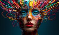 Female face with vibrant digital art streams flowing from head, featuring intense blue eyes and red lips against dark background, representing artificial intelligence and creativity.
