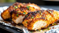 Juicy grilled chicken breast with crispy seasoned crust and fresh herbs on aluminum foil, macro shot showing texture and caramelization of meat surface.