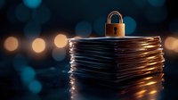 Brass padlock on stack of documents with blurred bokeh lights background symbolizing data protection and information security in business environment.