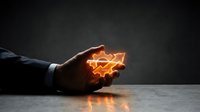 Business hand holding glowing gear mechanism with fire effects against dark background representing innovation and industrial technology solutions.