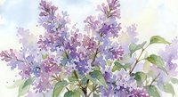 Watercolor lilac flowers with green leaves in soft purple and lavender tones, spring botanical artwork for home decor and greeting cards.