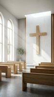 Modern minimalist church interior with wooden cross on white wall, wooden pews, arched windows, and potted plant for religious architecture and worship space design.