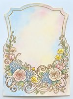 Watercolor floral frame with roses, hydrangeas, and gold scrollwork on pastel background, perfect for wedding invitations and greeting cards.