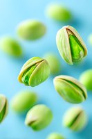 Flying pistachio nuts on light blue background, macro shot showing fresh green kernels inside opened shells. Creative food photography for healthy snacks.