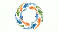 Watercolor feathers arranged in circular wreath pattern with blue orange green colors on white background isolated for design projects and decorations.