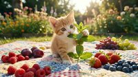 Ginger kitten exploring fresh berries and herbs in sunny garden setting with natural produce arrangement.