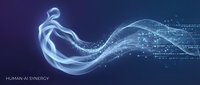 Human and artificial intelligence merging in glowing digital flow, representing technology collaboration, innovation, and future connectivity for business solutions.