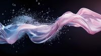 Flowing silk fabric in pink and blue colors with glowing particles and water drops floating in dark space creating magical ethereal effect.