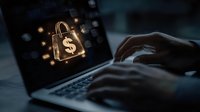Online shopping concept with glowing dollar shopping bag icon on laptop screen while person types in dark room with bokeh background effects.