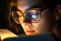 Young woman in glasses reading digital device at night, screen light reflecting in lenses, close up portrait with warm ambient lighting and soft focus.