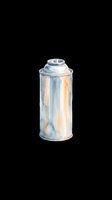 Metallic spray paint can with rounded top and nozzle, featuring weathered silver and gold tones on transparent background. Ready for design use on t-shirts, stickers, clipart, and print-on-demand products.
