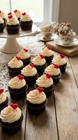 Chocolate cupcakes with vanilla frosting and red heart decorations arranged on rustic wooden table for Valentine's Day celebration or romantic dessert.