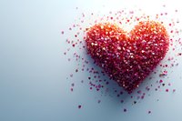 Red heart shape dissolving into tiny heart particles against blue background, romantic concept for Valentine's Day cards and love-themed designs.