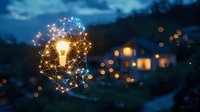 Glowing light bulb with network connections floating against blurred evening suburban house background, symbolizing smart home innovation and connectivity.