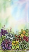 Watercolor garden border with purple, yellow, and burgundy flowering plants against soft pastel sky gradient, suitable for stationery, invitations, and botanical design projects.