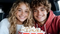 Happy teenage couple sharing popcorn in car backseat during movie date or road trip adventure together.