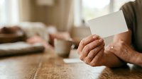Mature man with weathered hands holding blank white business card at wooden table in home office setting, suitable for corporate branding and professional networking concepts.